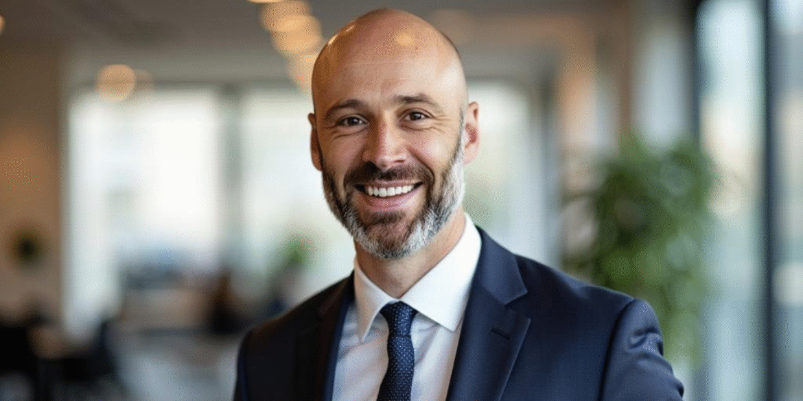 Smiling business professional in a suit representing Cochran Capital’s founder, promoting sustainable real estate investment.