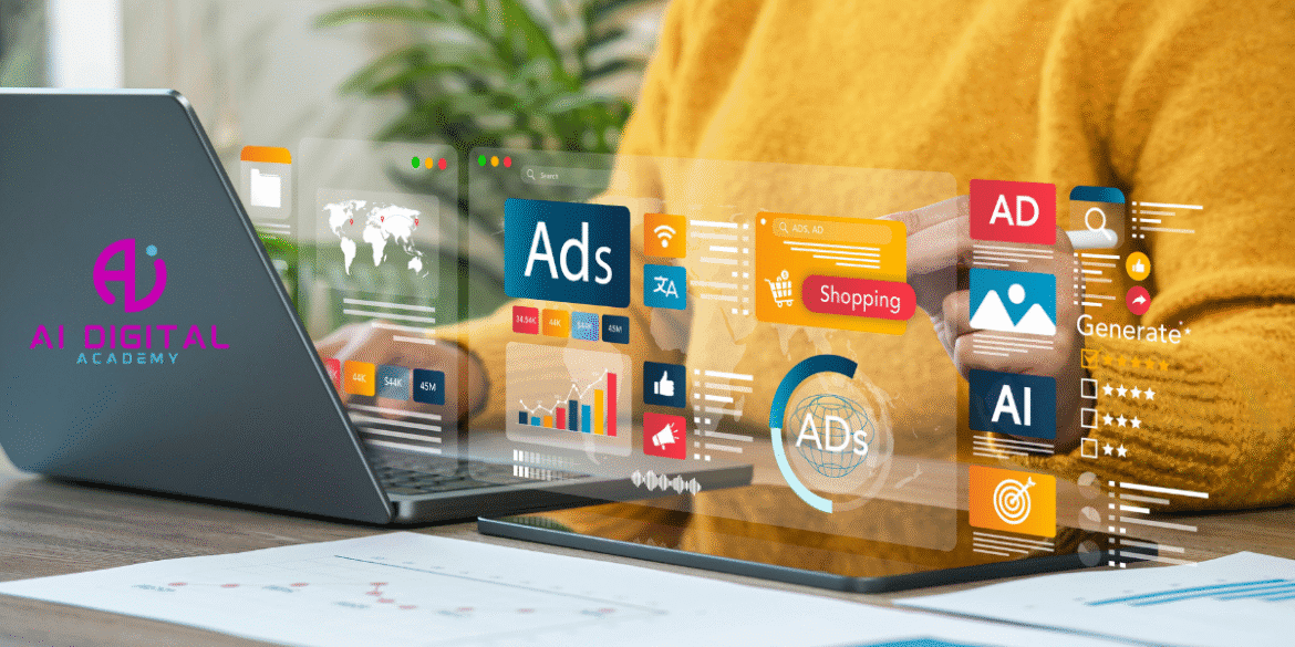 Person using laptop and tablet with AI-driven digital marketing ads and analytics, representing AI Digital Academy innovation.