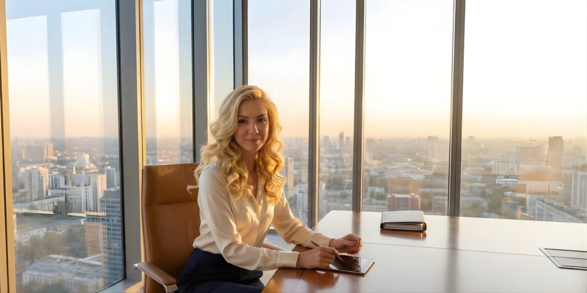 A blonde woman sits at a desk in an office, overlooking a city skyline, embodying modern leadership and performance.
