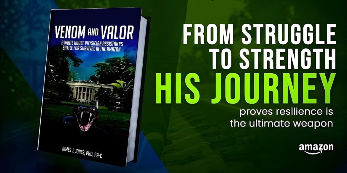 Book cover of 'Venom and Valor' with the tagline 'From Struggle to Strength' featuring a jungle background and snake.