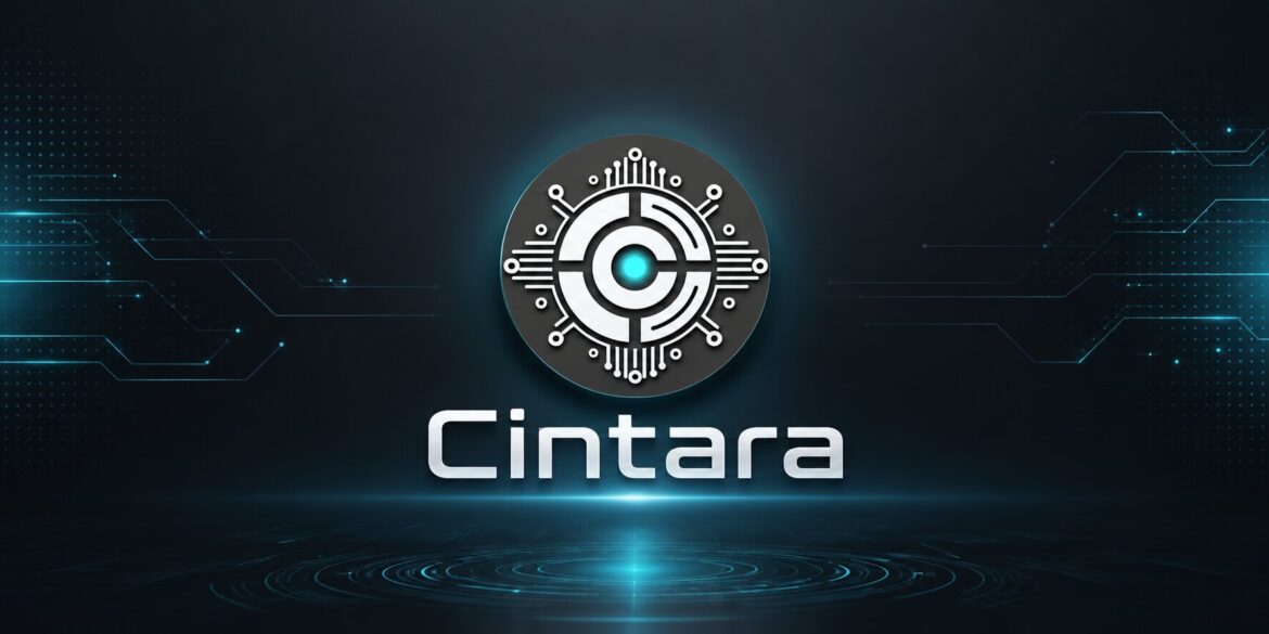 Cintara logo with futuristic circuit design glowing on dark blue digital background.
