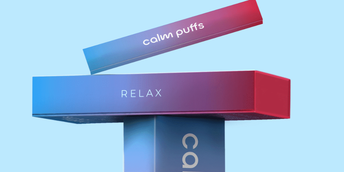 A gradient-colored packaging box for Calm Puffs, featuring the word 'RELAX' on the front, with another box floating above labeled 'calm puffs'. The background is a light blue gradient.