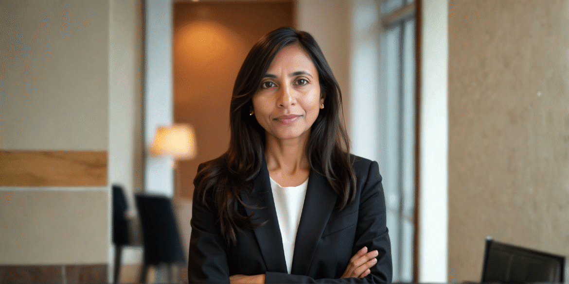 Hemini Mehta, founder of MuseScout, in a professional setting, embodying the company's commitment to sustainability, creativity, and global art empowerment.