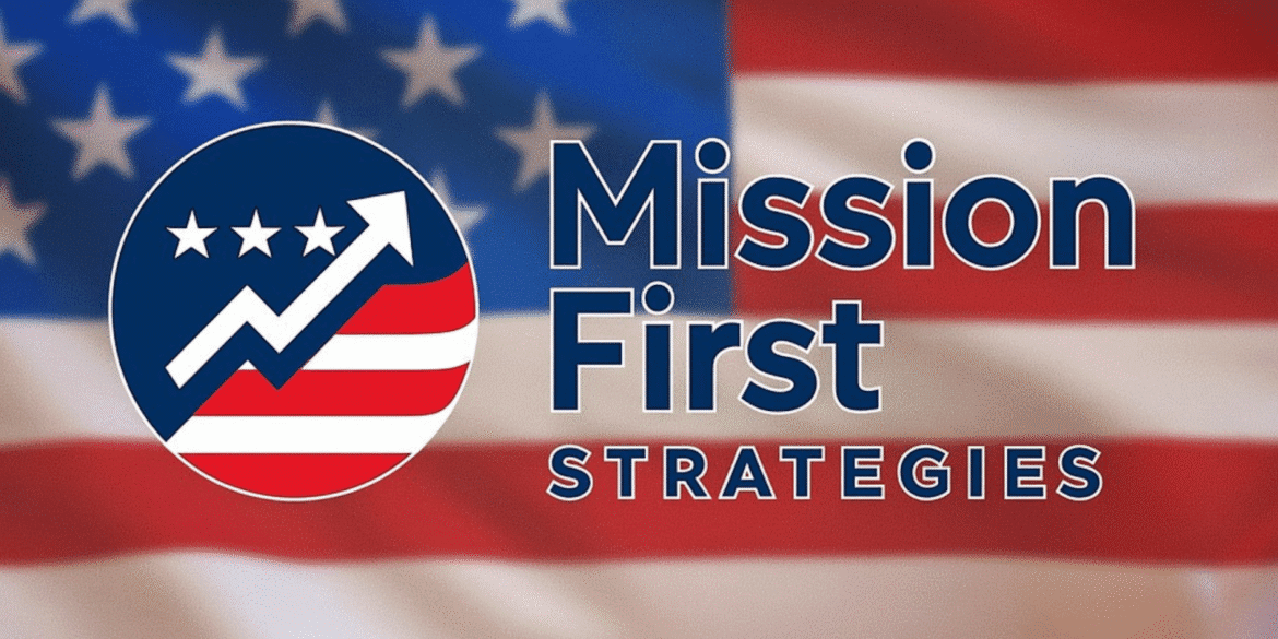 "Mission First Strategies logo with an American flag background, representing leadership, innovation, and strategic solutions in business."