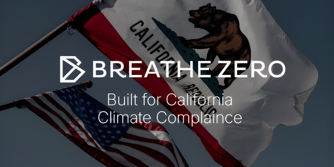 "Breathe Zero logo with California and U.S. flags, representing AI-driven climate intelligence for regulatory compliance and Net Zero goals."