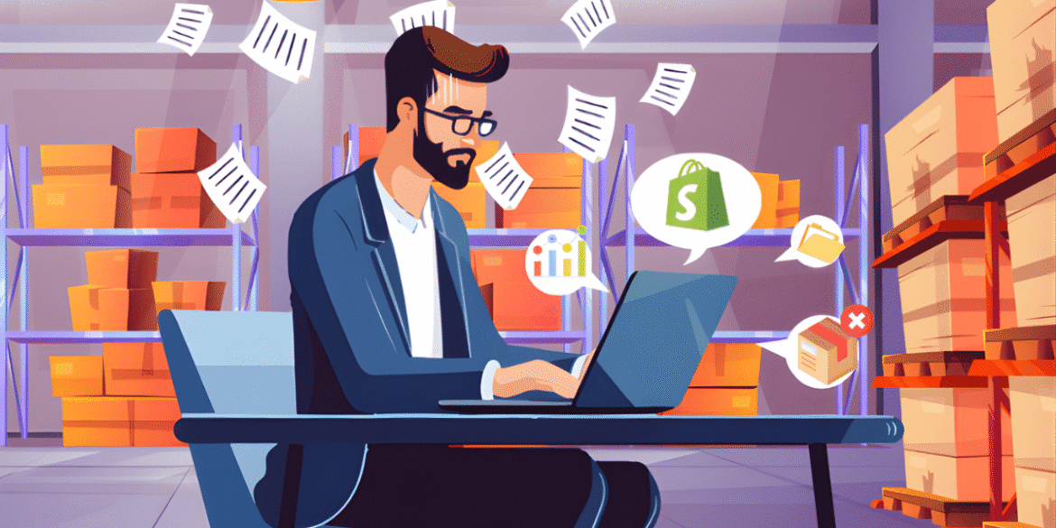 "Businessman working on laptop in a warehouse, managing data entry tasks with efficiency in an eCommerce environment."