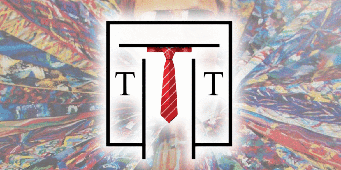 "Logo of Talisman Tie against a vibrant background of neckties, symbolizing elegance, craftsmanship, and timeless style in luxury fashion."