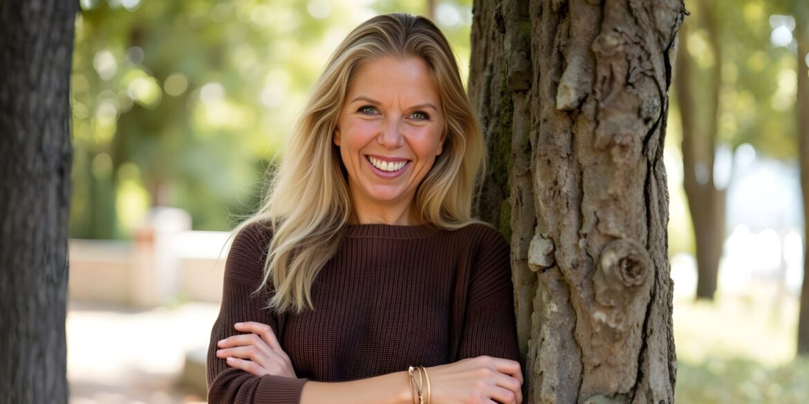 Smiling woman with long blonde hair leans against a tree in a sunny park, wearing a brown sweater. The background features blurred green foliage.