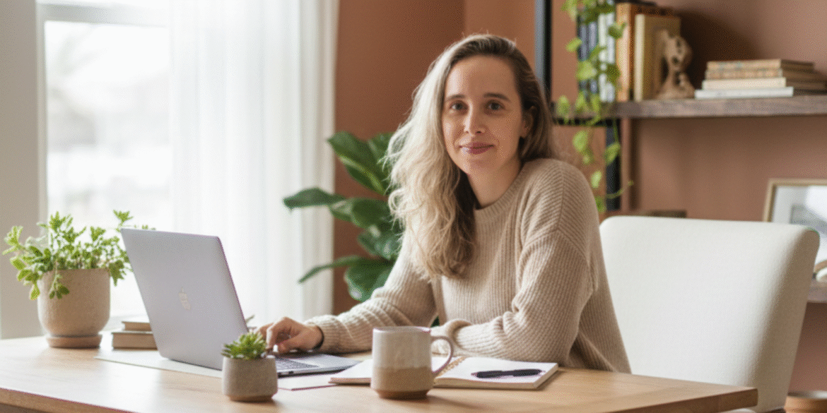 Jessie Meyer working from home, focused on simplifying AI for small business owners.