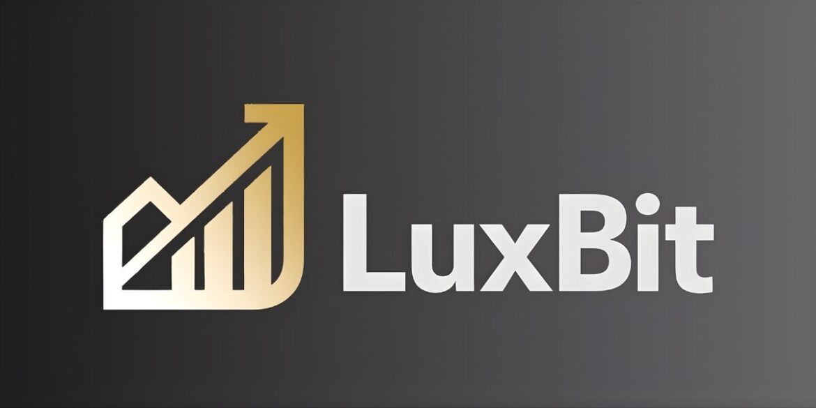 Gradient gold and silver logo with a house silhouette and upward arrow beside the text "LuxBit" on a sleek gray background, conveying growth and luxury.
