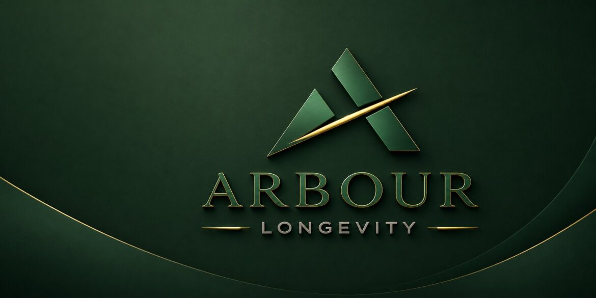 ARBOUR Longevity logo on dark green background with gold accents.