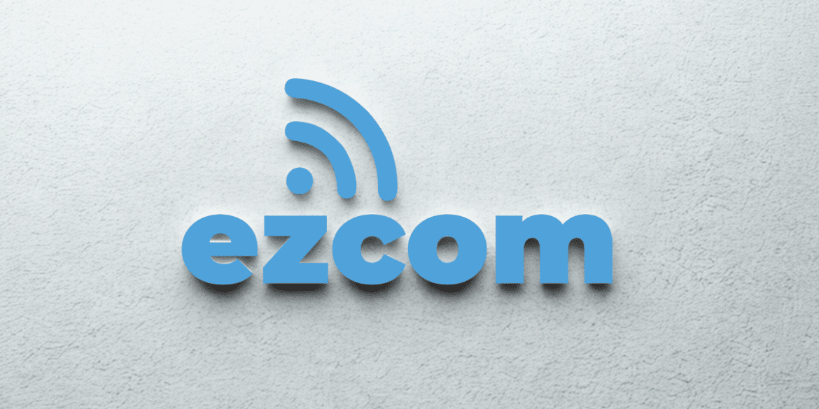 Blue “ezcom” logo with wireless signal icon on light textured background.