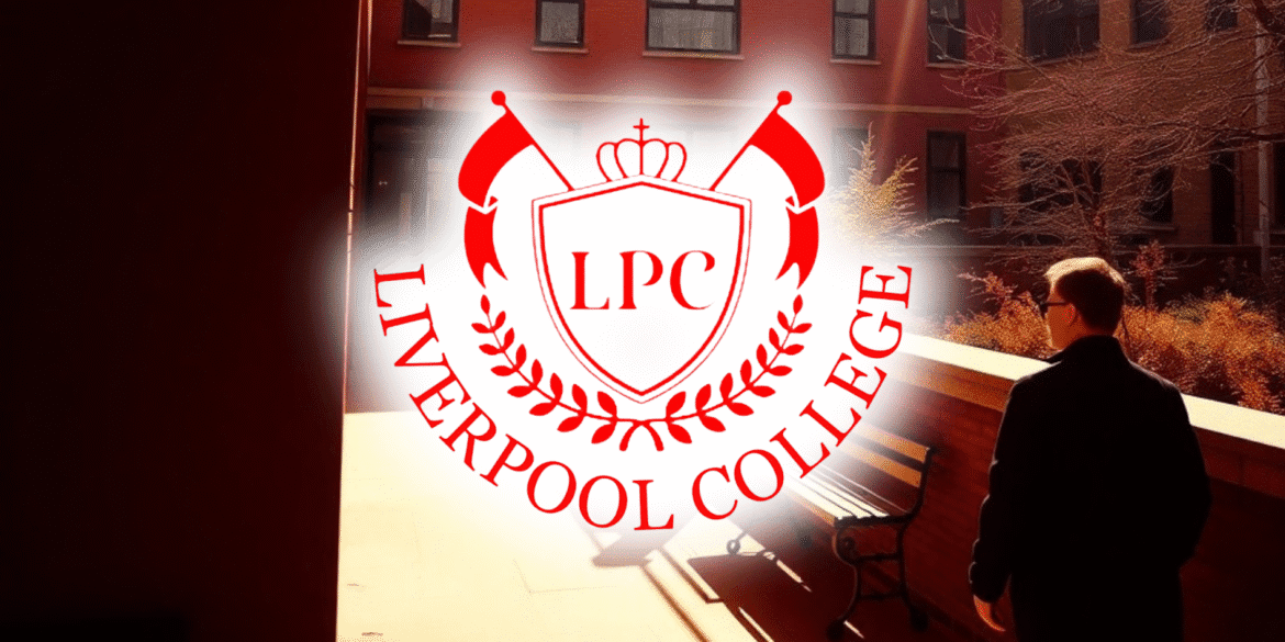 Student walking outside Liverpool College LPC with the college logo displayed prominently.