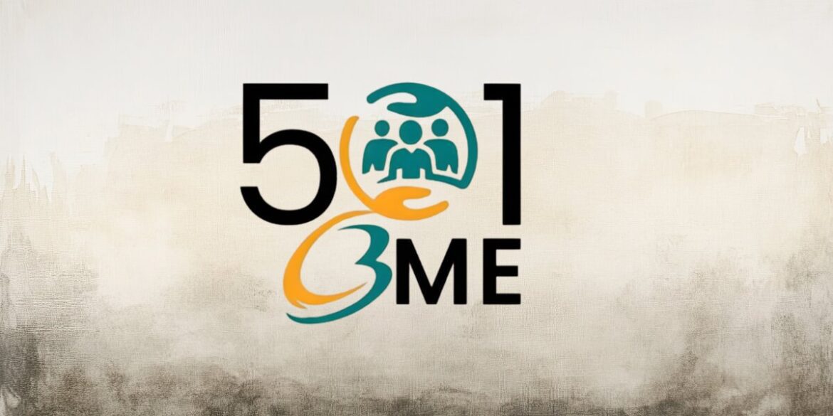 "Logo reading '501 3ME' with stylized figures. The number '3' integrates orange and teal human silhouettes, symbolizing community and unity. The backdrop is a textured cream and gray gradient."