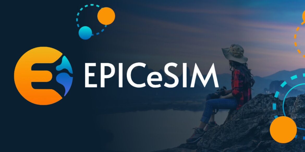 EPICeSIM logo on a backdrop of a traveler enjoying scenic views, symbolizing seamless global connectivity for modern travelers.