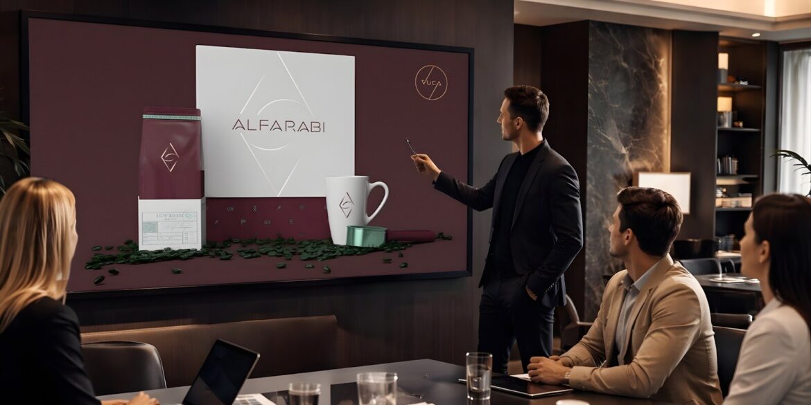 a professional branding presentation by Vuca Agency, featuring a product display and team discussion.