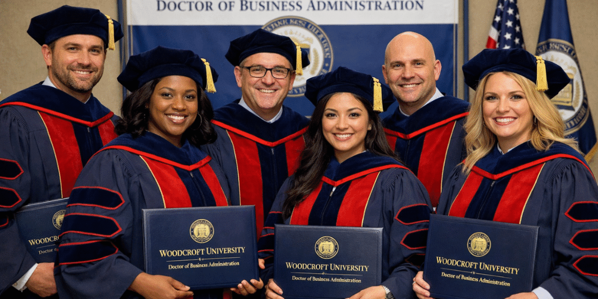 Graduates from Woodcroft University proudly holding their Doctor of Business Administration degrees, reflecting the institution's commitment to academic excellence
