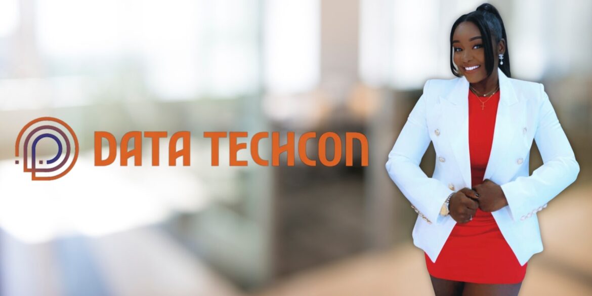 Tobe Awosanya, Founder & CEO of Data Techcon, wearing a white blazer and red dress, smiling confidently.