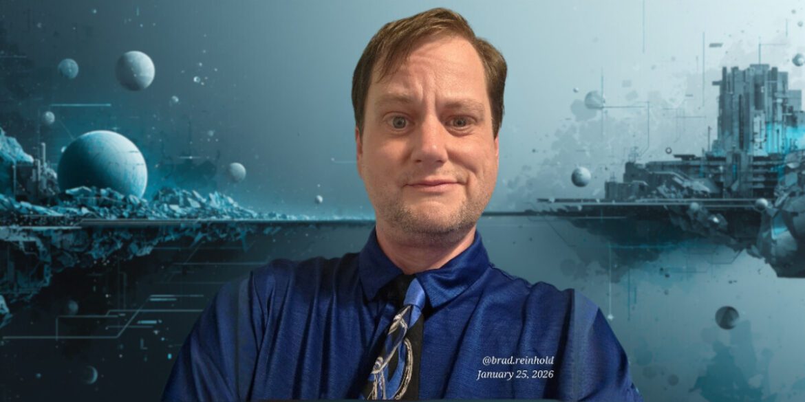 Timothy Bradley Reinhold in a blue shirt and tie, standing against a futuristic background, embodying his filmmaking vision.