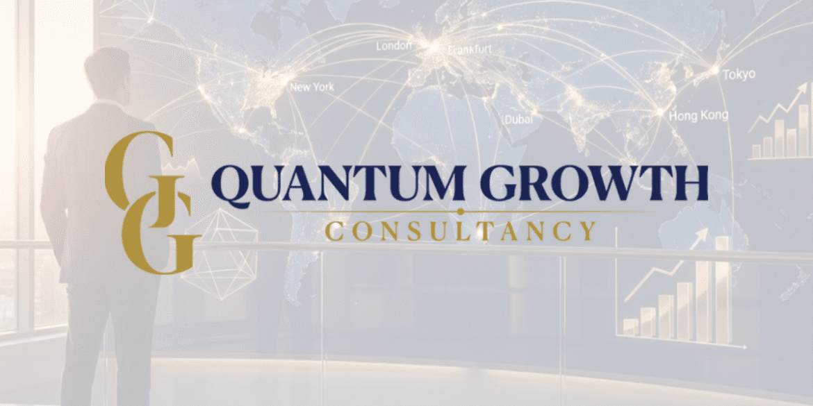 Quantum Growth Consultancy logo with a global financial background highlighting key international cities.