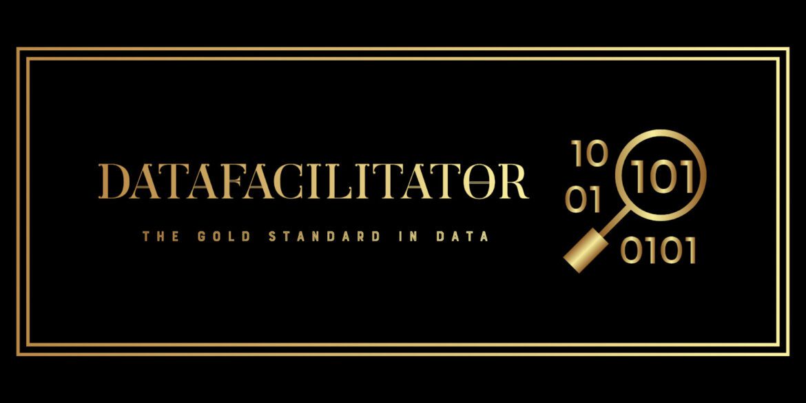 DataFacilitator logo with gold accents, featuring a magnifying glass, binary code, and tagline 'The Gold Standard in Data.'