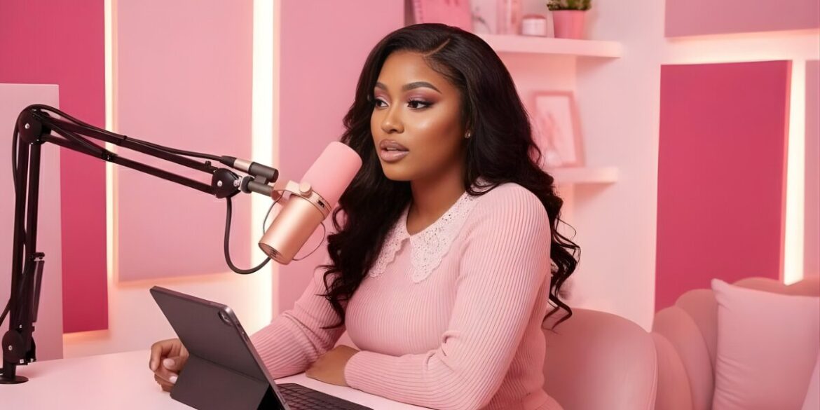 Female podcast host discussing financial education for African women in a pink studio representing HER BANKER’s mission of community learning.
