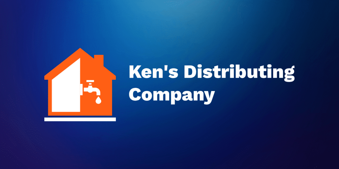 Ken's Distributing Company logo over a background of a home, symbolizing their commitment to providing reliable water pump solutions and services.