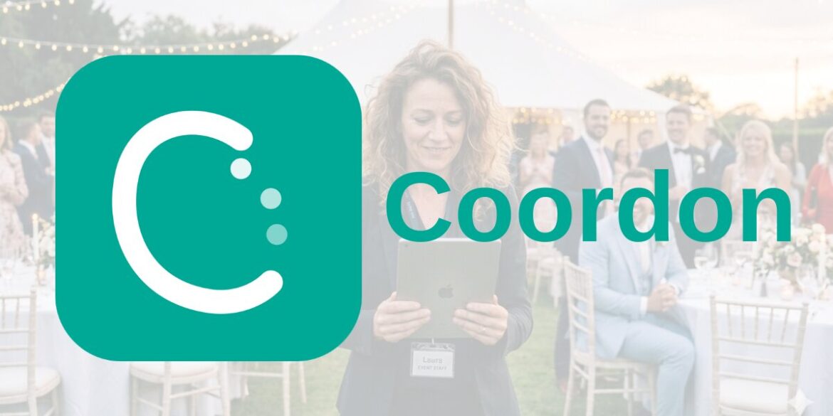 Green Coordon logo over a blurred outdoor party scene with a woman holding a tablet. She smiles, creating an upbeat and engaged atmosphere.