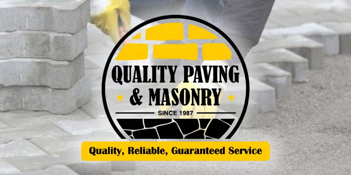 a person laying paving stones with the logo of Quality Paving & Masonry, emphasizing craftsmanship.