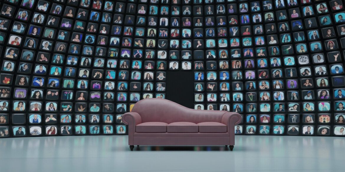 A modern psychoanalytic setting with a pink couch amidst a wall of TV screens displaying diverse people in digital connection.