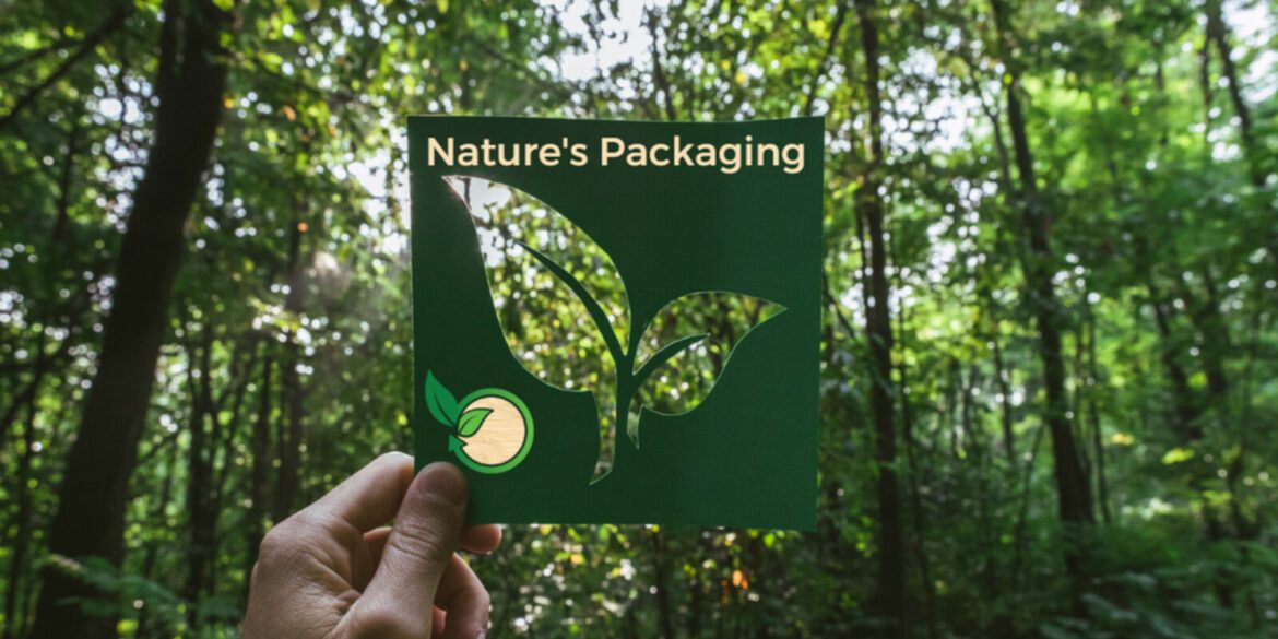 A hand holds a green cutout with a leaf design, symbolizing Nature's Packaging and its commitment to sustainability.