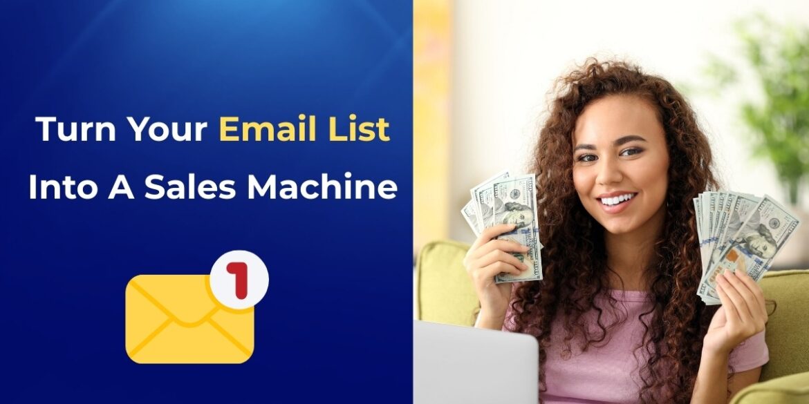 A woman holding cash with a laptop, promoting email list marketing for sales.