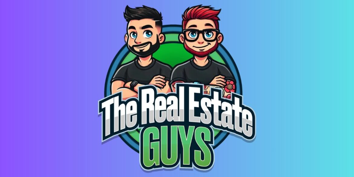 Cartoon-style logo of The Real Estate Guys featuring James Jones and Anthony Redmond with arms crossed and smiling.