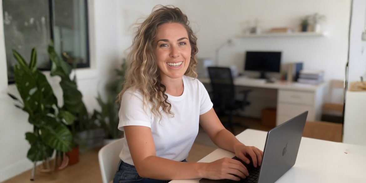 A woman sits at a desk with a laptop, focused on her work, embodying the spirit of entrepreneurship and innovation.