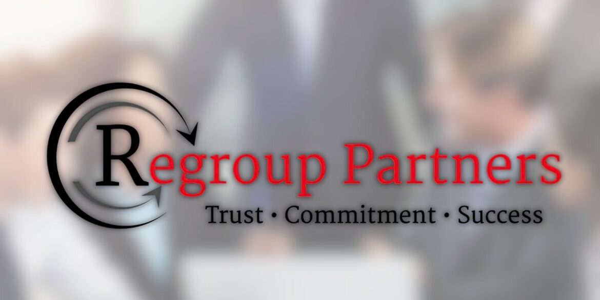 Logo for "Regroup Partners" with blurred office background. Black circular arrow surrounds "R". Red text embodies trust, commitment, success.