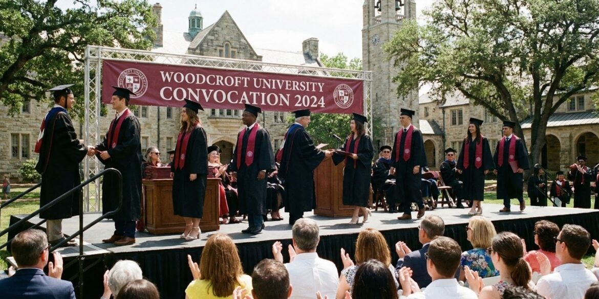 Graduates in caps and gowns stand proudly on stage during a Woodcroft University graduation ceremony, celebrating their achievements.
