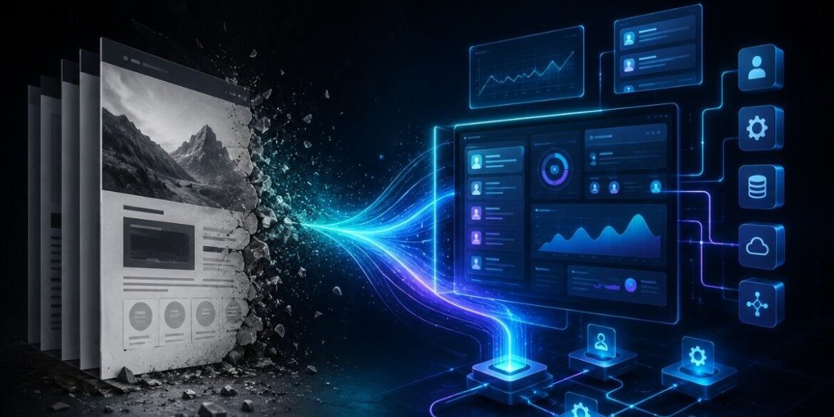 Illustration of website content transforming into integrated business dashboards, automation workflows, and connected digital systems.