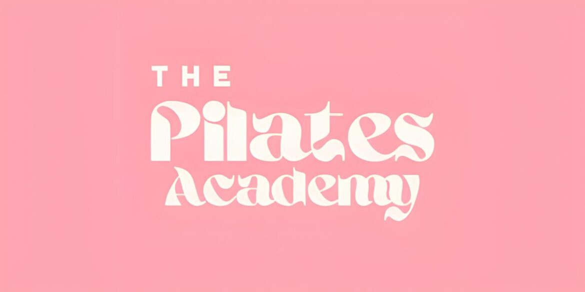 White stylized text reading "The Pilates Academy" on a soft pink background. The design is elegant and modern, conveying a calm and inviting tone.