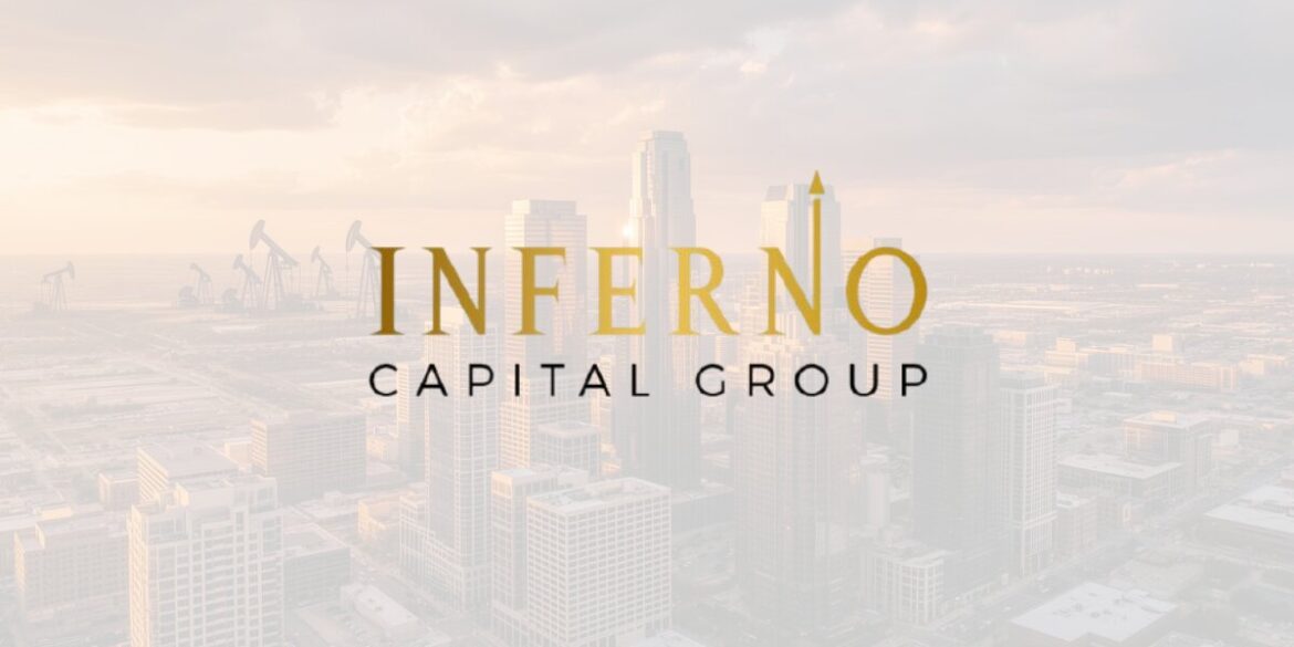 Inferno Capital Group logo with gold and black text overlays a city skyline at sunset, featuring tall buildings and oil rigs in the distance."