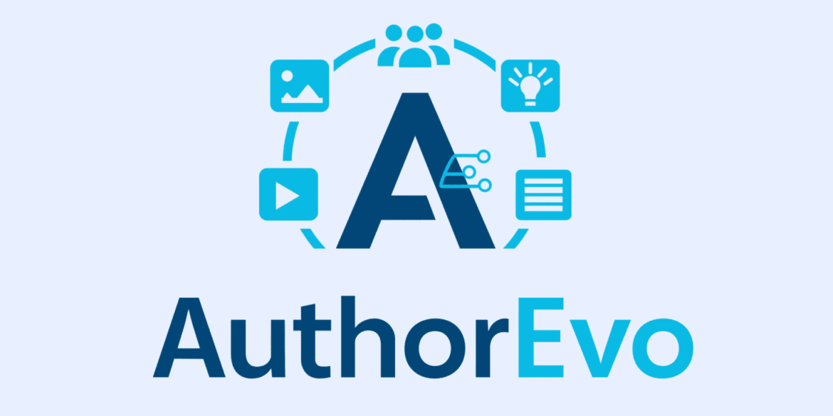 AuthorEvo logo with central “A” surrounded by icons representing content, media, and AI workflow.