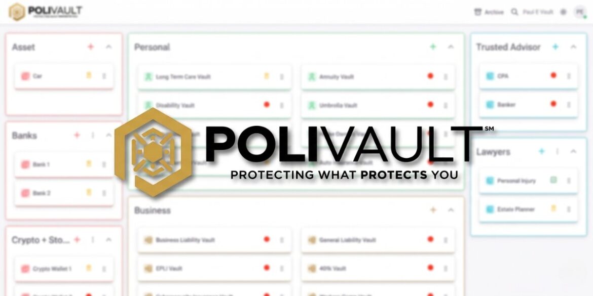 POLIVAULT logo displayed over secure digital dashboard organizing documents, assets, and trusted contacts.