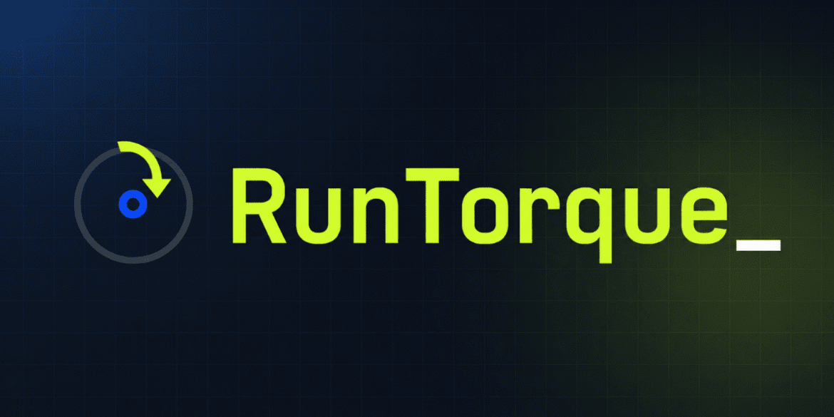 RunTorque logo in neon green on dark blue grid background with circular arrow icon.