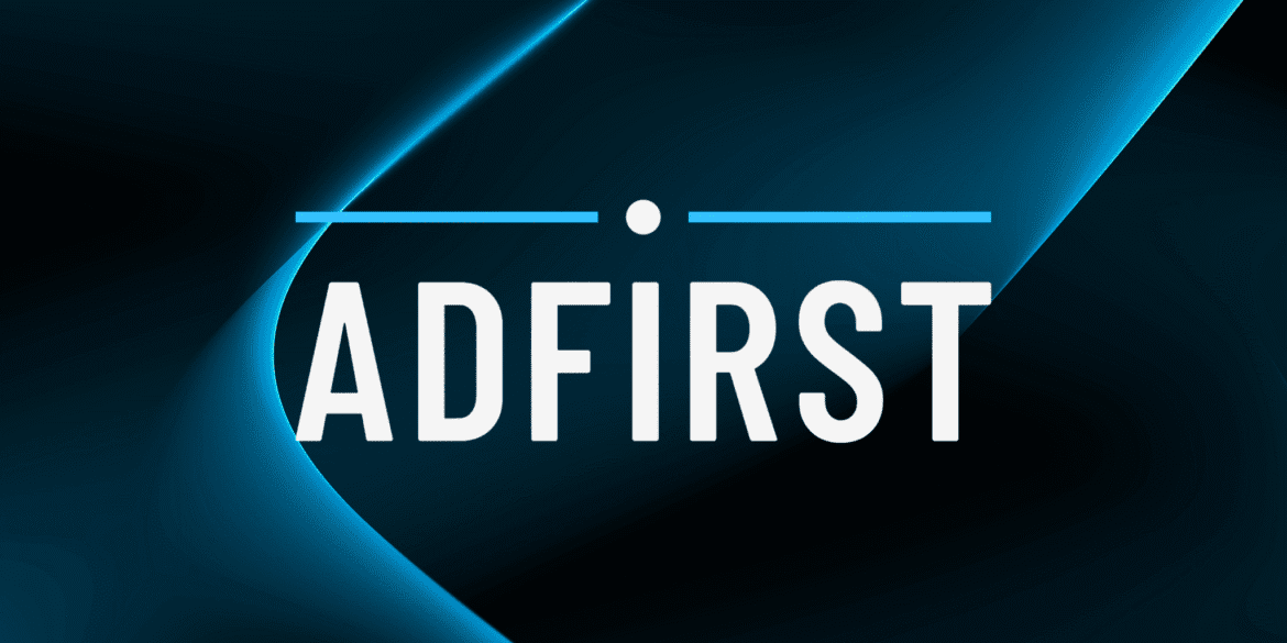 AdFirst logo on blue abstract background with white text and geometric light accents.