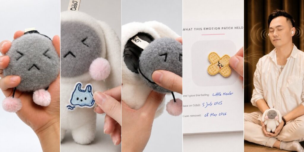 OdbO Emotion Patch Plush shown with removable emotion core, bunny disguise, emotion patch, and guided reflection.