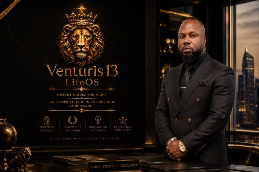 Donald Lavoile standing beside a Venturis13 LifeOS display featuring the company logo and leadership principles.