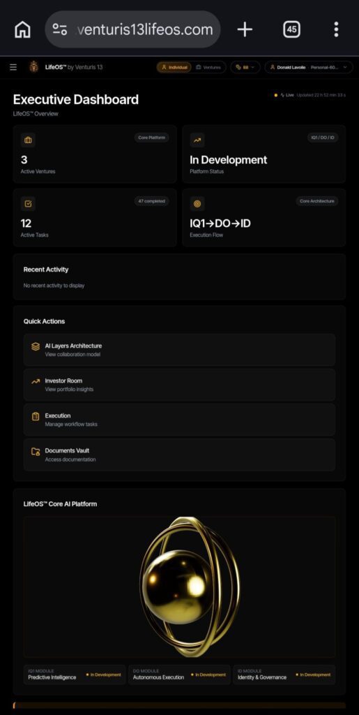 LifeOS by Venturis 13 executive dashboard showing AI modules, workflows, and platform management interface.