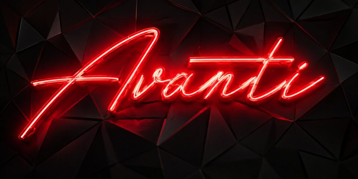 Red neon Avanti sign mounted on a black geometric wall.