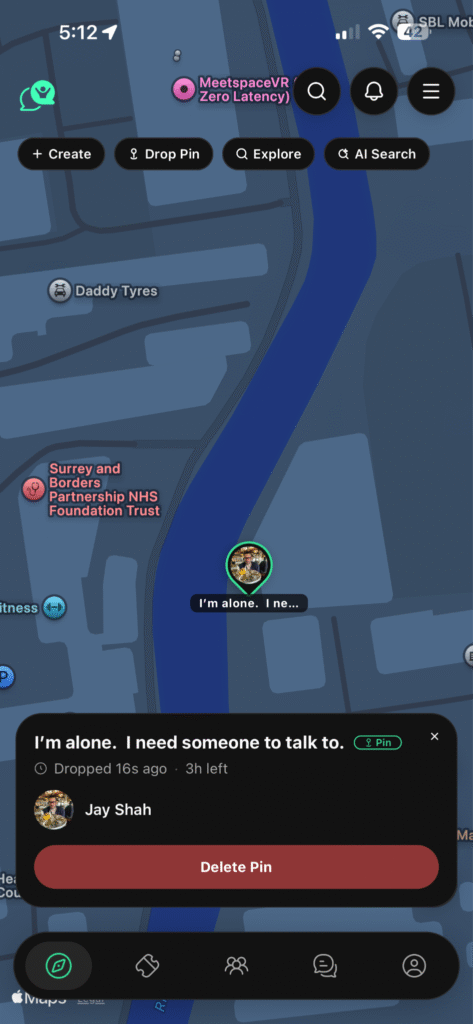 SportBuddy's live map showing Jay's temporary pin, "I'm alone. I need someone to talk to," with the remaining time, owner controls, and delete option visible.