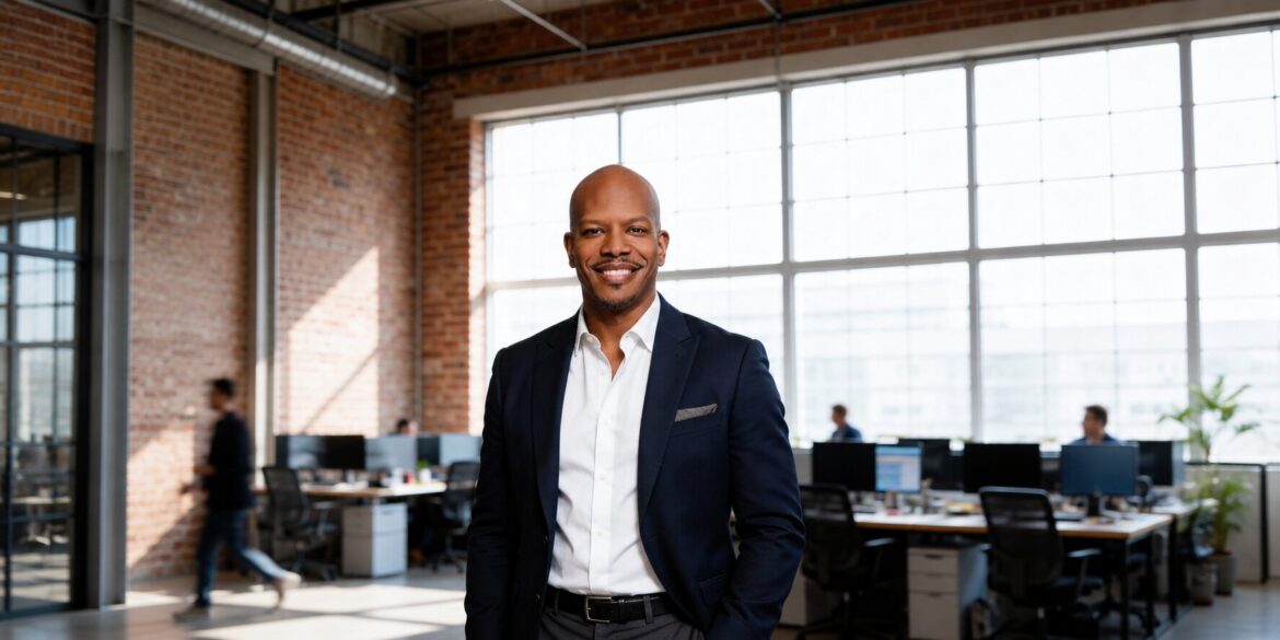 JW Radford standing in a modern office wearing a navy suit.