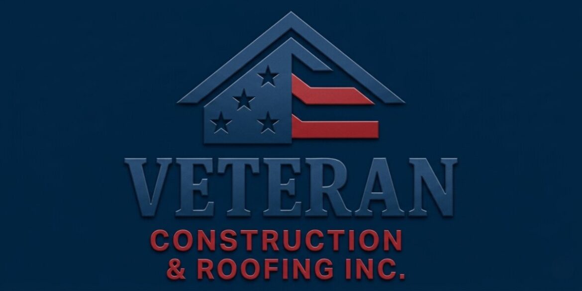 Veteran Construction & Roofing Inc. company logo on a blue background.